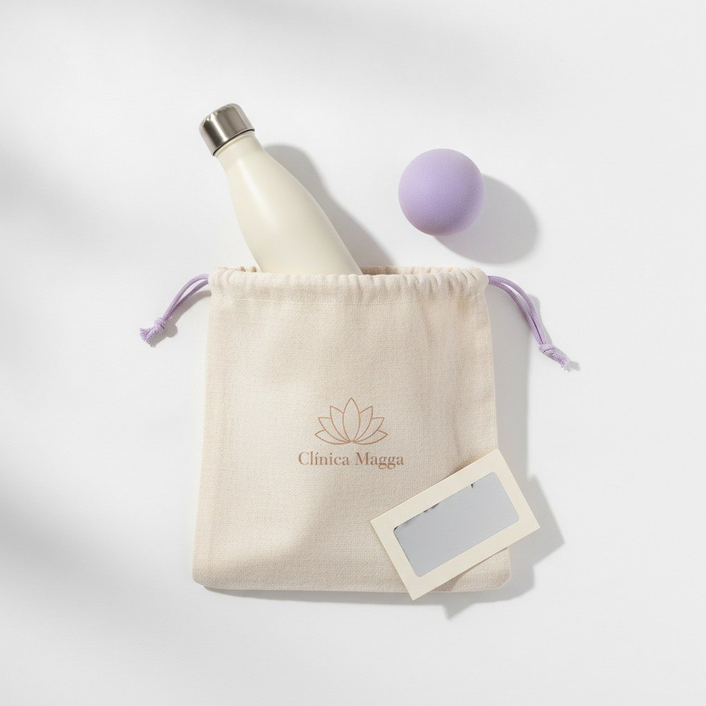 La bolsa de seguimiento de Cl&iacute;nica Magga, con la botella, la pelota de anclaje y la tarjeta llave
